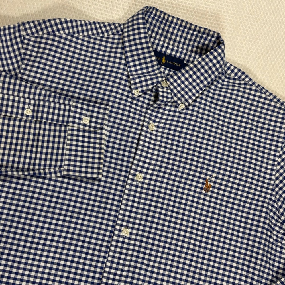 Ralph Lauren Mens L Blue White Gingham Check Button Down Shirt Long Sleeve